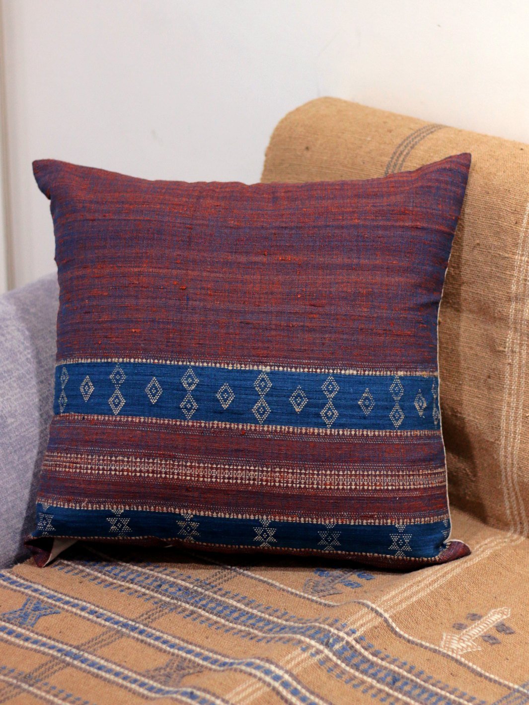 Brown Blue Motif Merino Silk Cushion Cover 18x18 Cushion Cover
