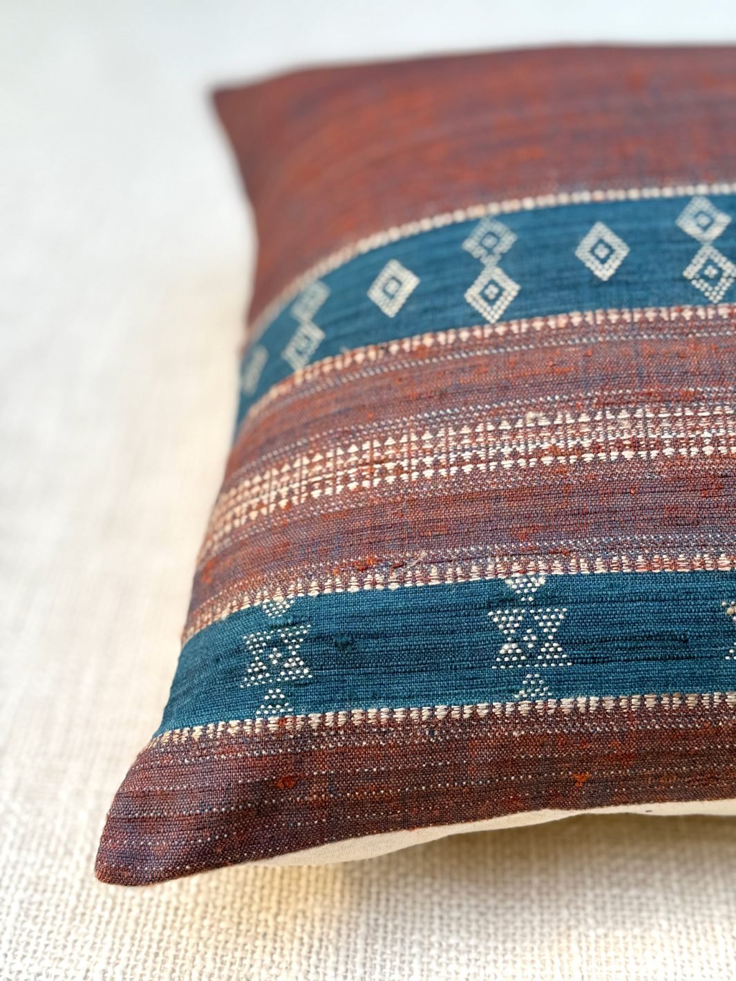 Brown Blue Motif Merino Silk Cushion Cover 18x18 Cushion Cover