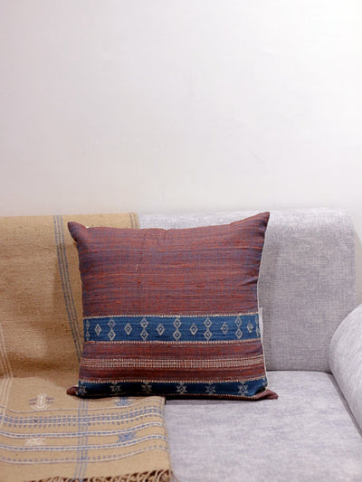 Brown Blue Motif Merino Silk Cushion Cover 18x18 Cushion Cover