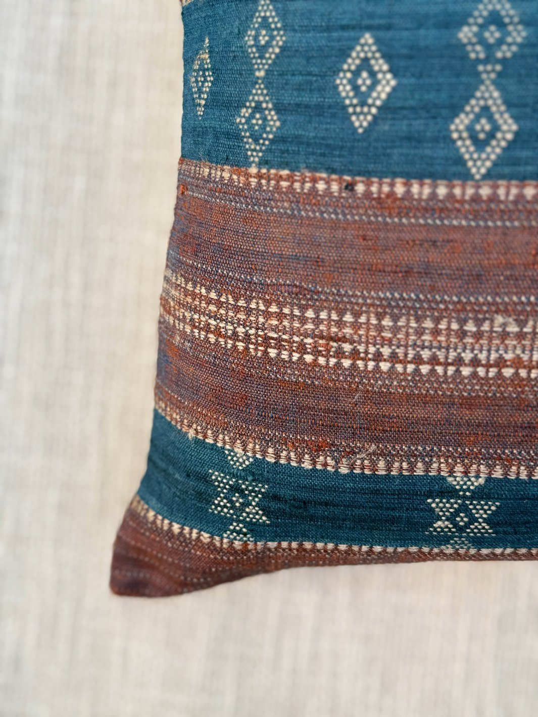 Brown Blue Motif Merino Silk Cushion Cover 18x18 Cushion Cover