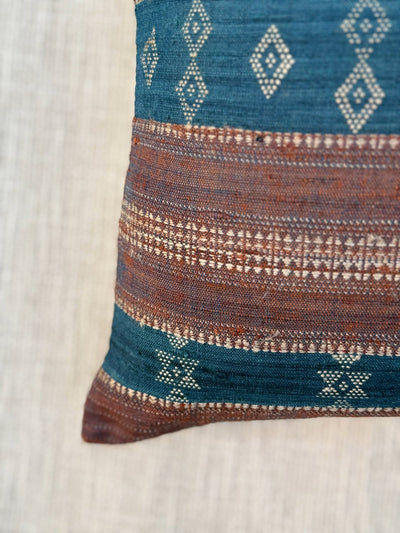 Brown Blue Motif Merino Silk Cushion Cover 18x18 Cushion Cover
