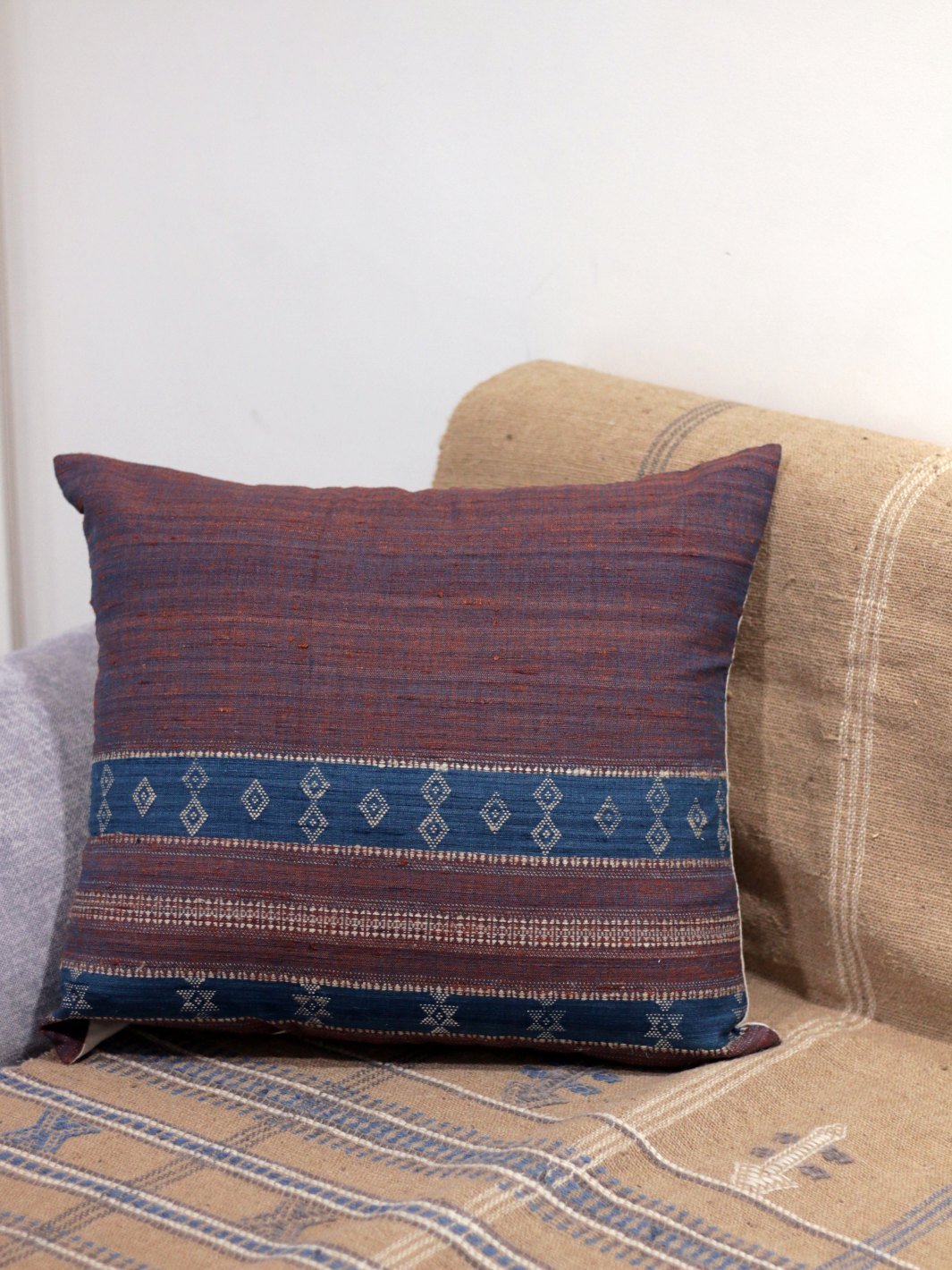 Brown Blue Motif Merino Silk Cushion Cover 18x18 Cushion Cover
