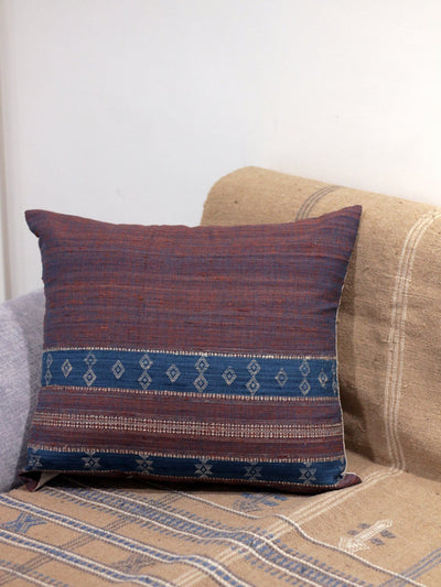 Brown Blue Motif Merino Silk Cushion Cover 18x18 Cushion Cover