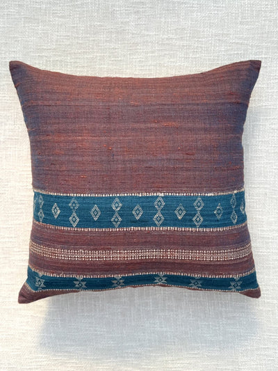 Brown Blue Motif Merino Silk Cushion Cover 18x18 Cushion Cover